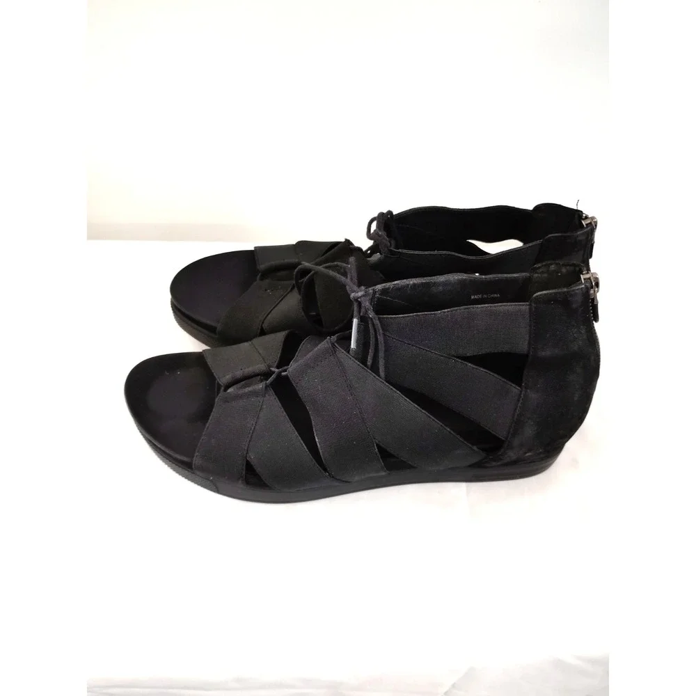 Eileen Fisher Dibs Link Lace-Up Sandal Black Stretch Wedge Gladiator Zip Back 11